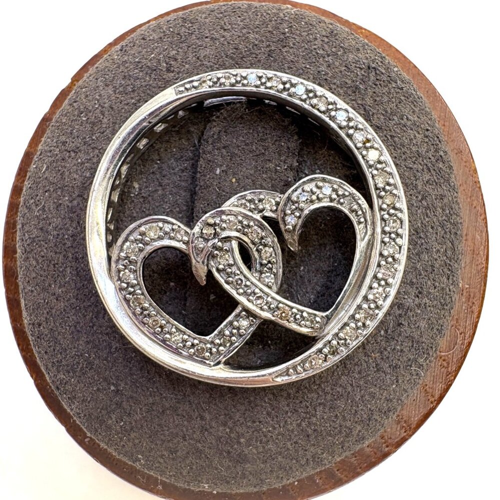 VTG Sterling Silver 925 Natural Diamond Open Hearts Circle Pendant 1" Length